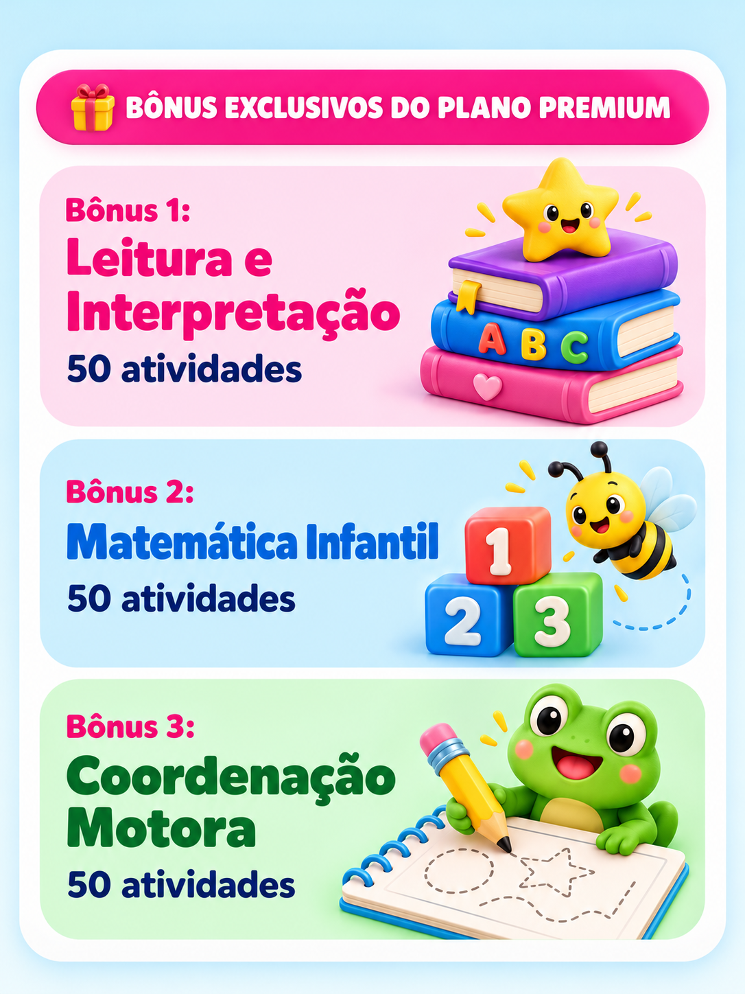 Bônus exclusivos do Plano Premium: Bônus 1 Leitura e Interpretação com 50 atividades, Bônus 2 Matemática Infantil com 50 atividades, Bônus 3 Coordenação Motora com 50 atividades