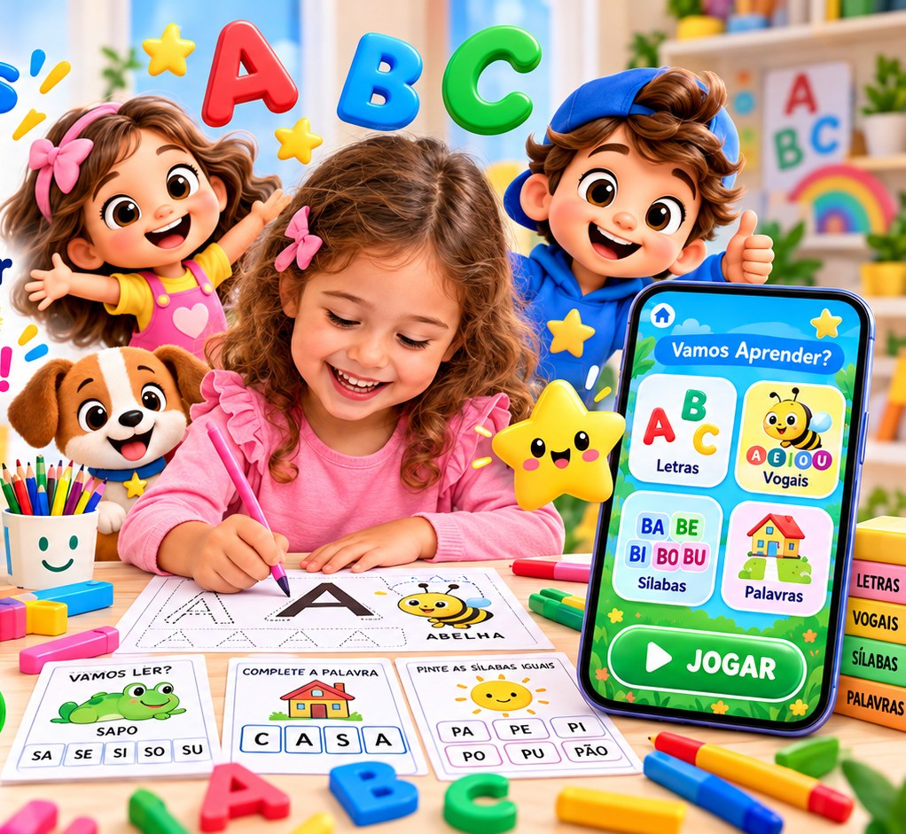 Crianças aprendendo letras com atividades e jogo no celular