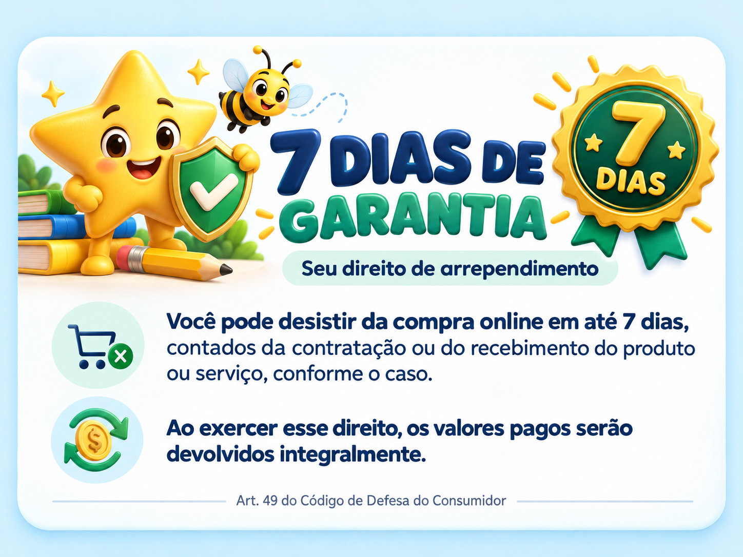 7 dias de garantia: seu direito de arrependimento. Você pode desistir da compra online em até 7 dias e os valores pagos serão devolvidos integralmente, conforme o artigo 49 do Código de Defesa do Consumidor.