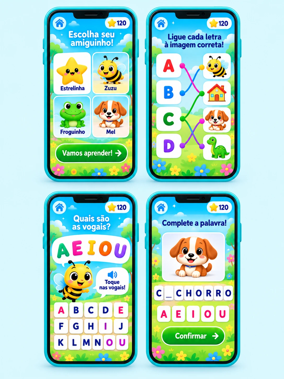 Quatro celulares alinhados em duas colunas, com jogos de escolha de personagem, associação de letras, vogais e formação de palavras
