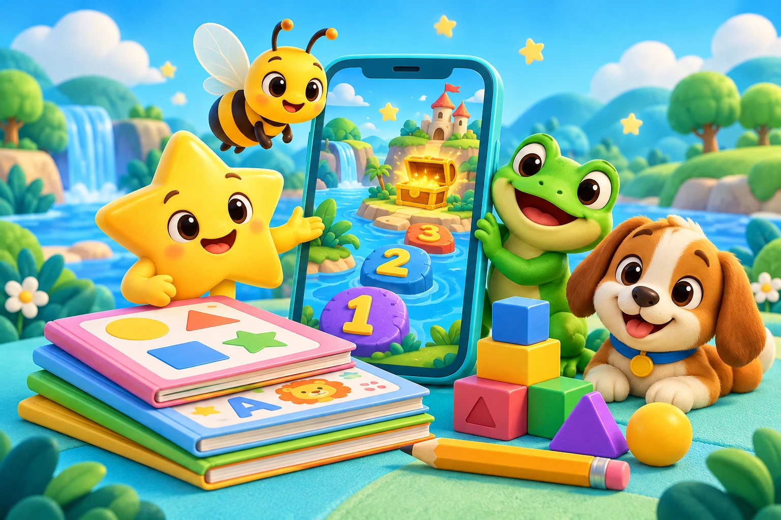 Estrelinha, abelha, sapinho e cachorrinho ao lado de um celular com uma aventura de números e materiais educativos